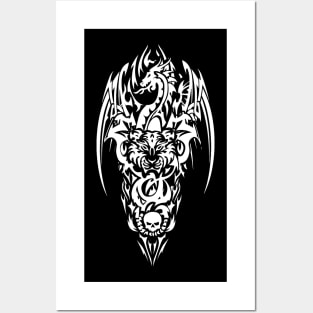 TRIBAL DRAGON TIGER SKULL DESIGN Posters and Art